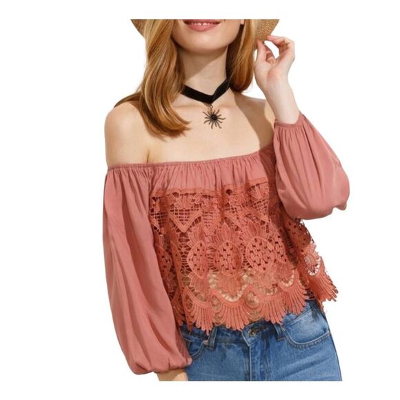 PACSUN L.A. Hearts Crochet Off Shoulder Crop Top Size Medium - Picture 1 of 14